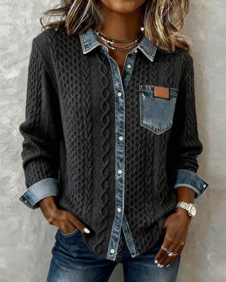 Women's elegant cable knit button-front blouse. Textured long-sleeve top perfect for fall fashion & everyday style.