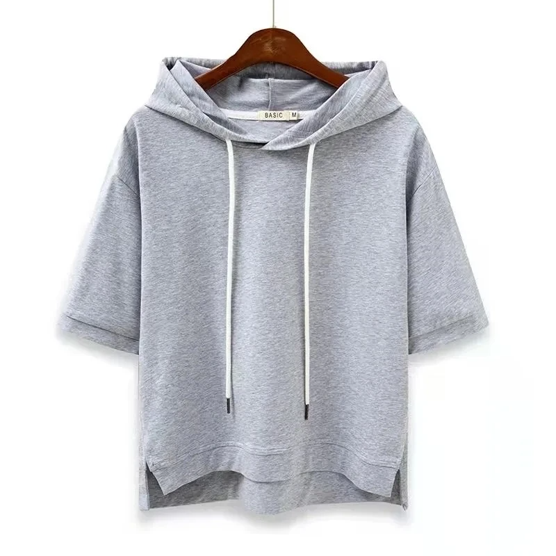 Women's short-sleeve hoodie, boxy fit, breathable cotton blend for casual, comfortable loungewear.