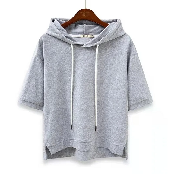 Women's short-sleeve hoodie, boxy fit, breathable cotton blend for casual, comfortable loungewear.