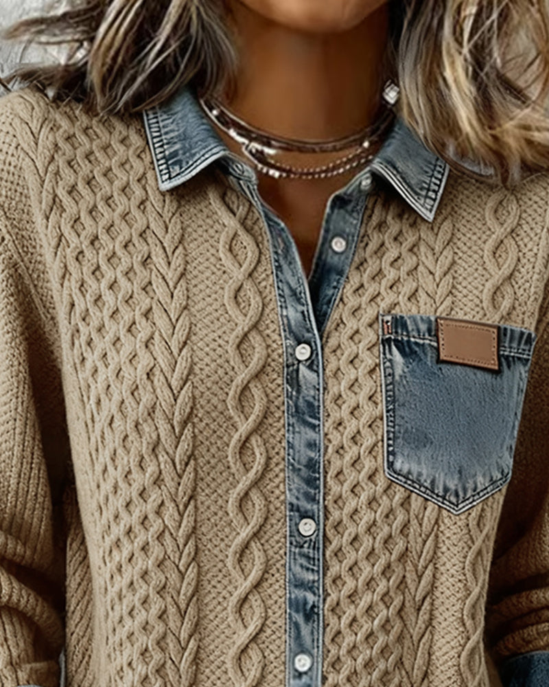 Stylish women's textured cable knit long-sleeve blouse. Elegant button-front top, ideal for a refined fall look.