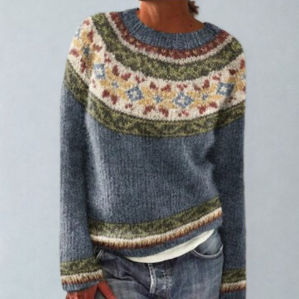 Multi-color women's long-sleeve jumper. Comfortable, vintage-style sweater for autumn fashion and cozy casual wear.