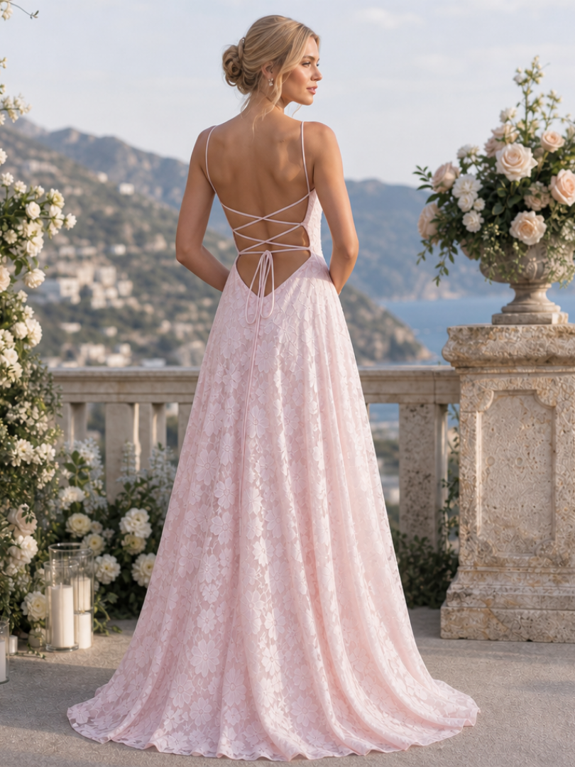 Stunning women's full lace maxi dress with spaghetti straps, perfect evening gown or party dress.