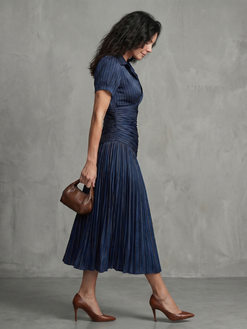 Casual chic women's midi dress, featuring a stylish pleated waist and stripes.