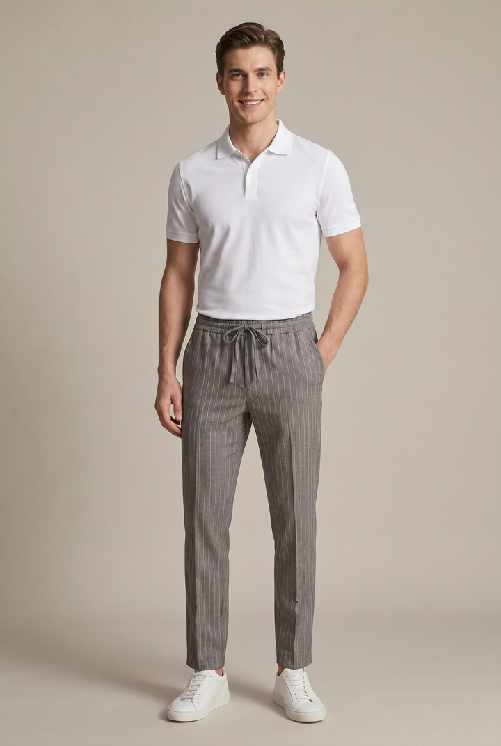 Grey men's vertical pinstripe tapered trousers, smart casual fit with an elastic waist for spring summer comfort.