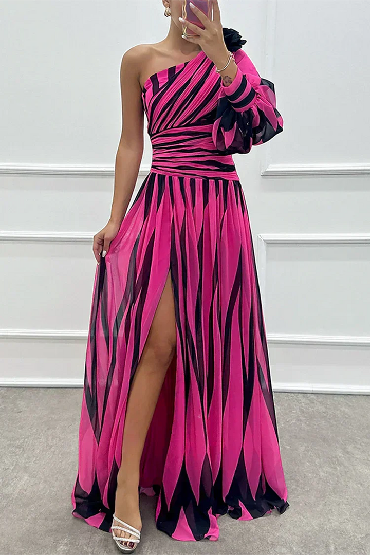 Stylish women's long striped one-shoulder dress with an elegant side slit. Great for evening parties and formal events.