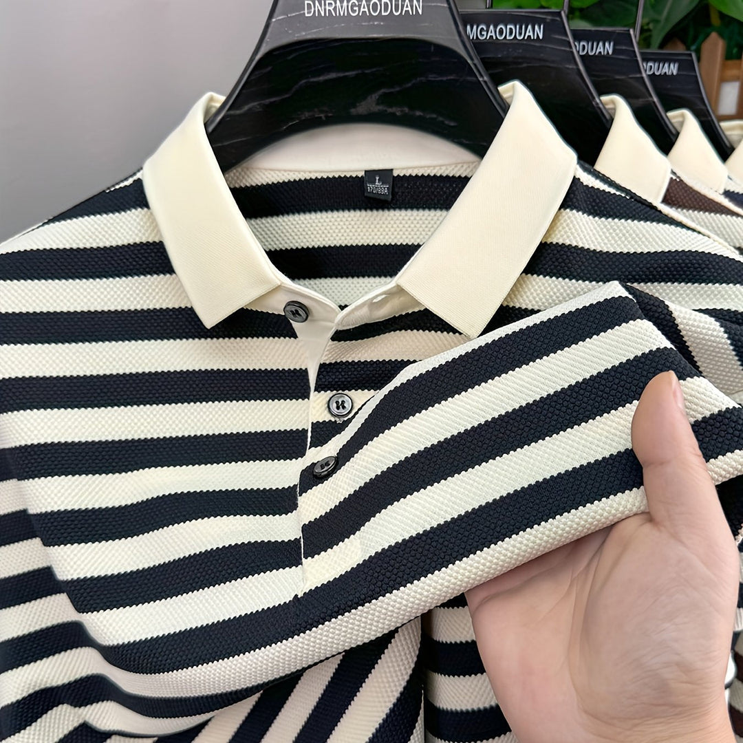 Back view of a comfortable men's striped short sleeve polo shirt, ideal for casual wear & men's fashion.