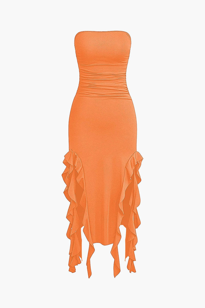 Glamorous strapless bodycon midi dress, featuring a luxurious fringe hem for a sophisticated look.