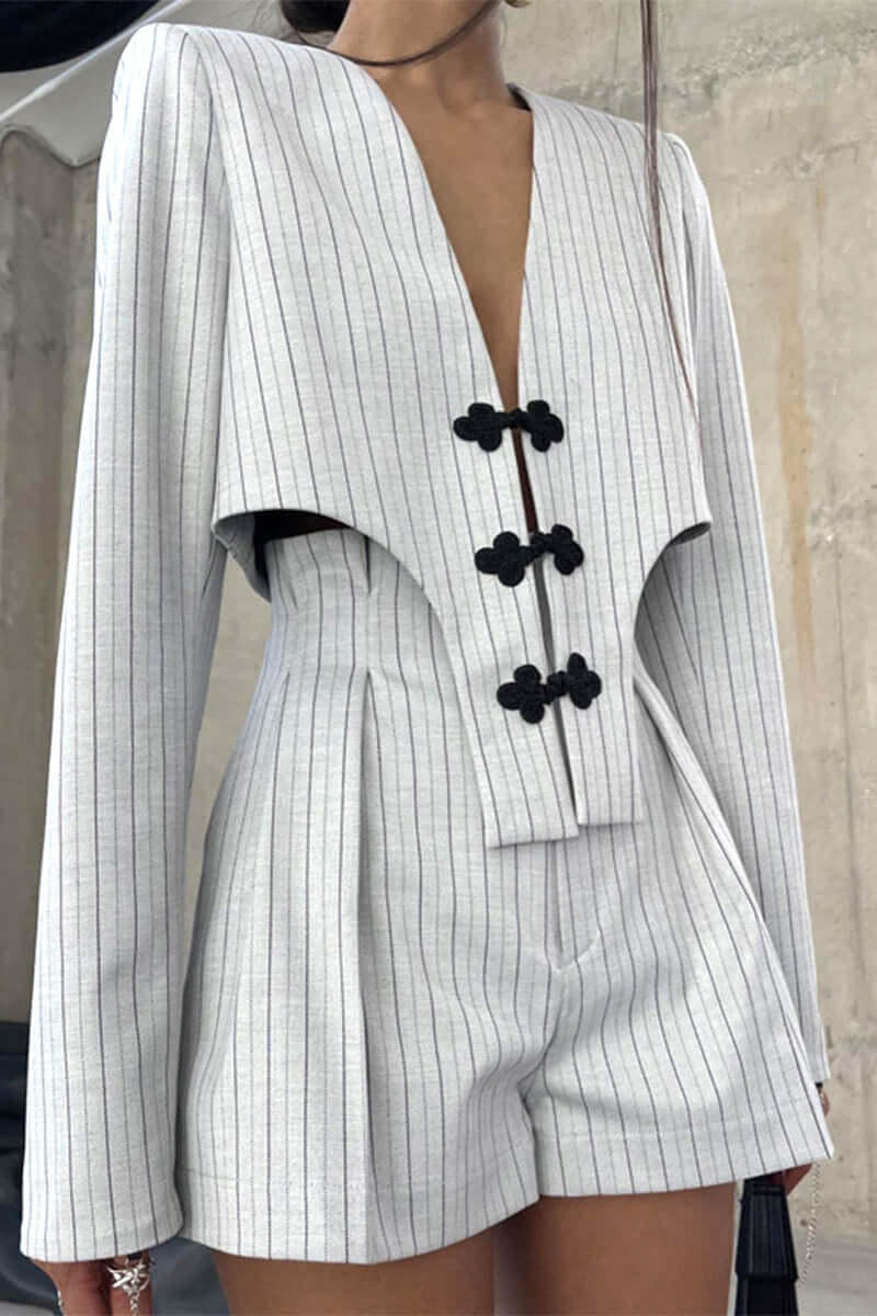 Women's V-Neck Top & Striped Shorts Set