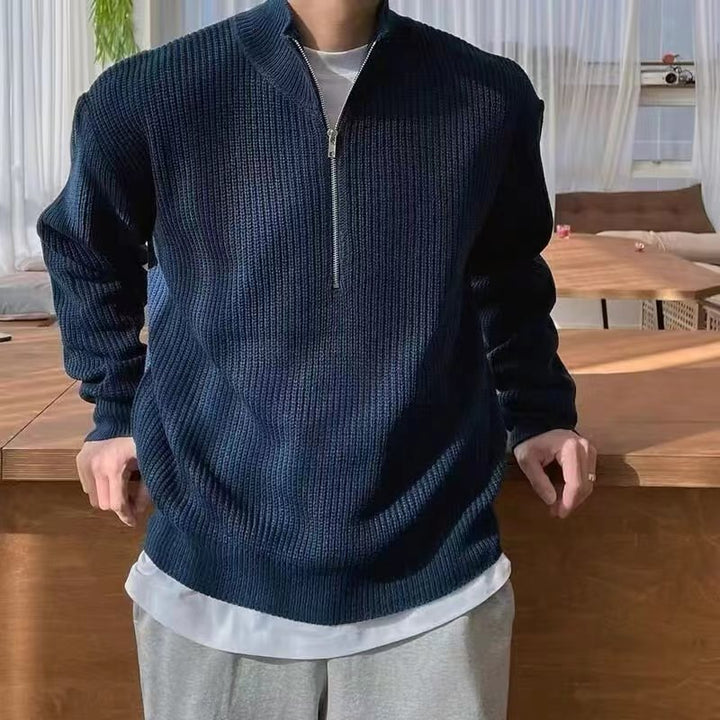 Men's quarter-zip ribbed knit sweater in a casual, stylish long-sleeve design, perfect for layering & comfort.