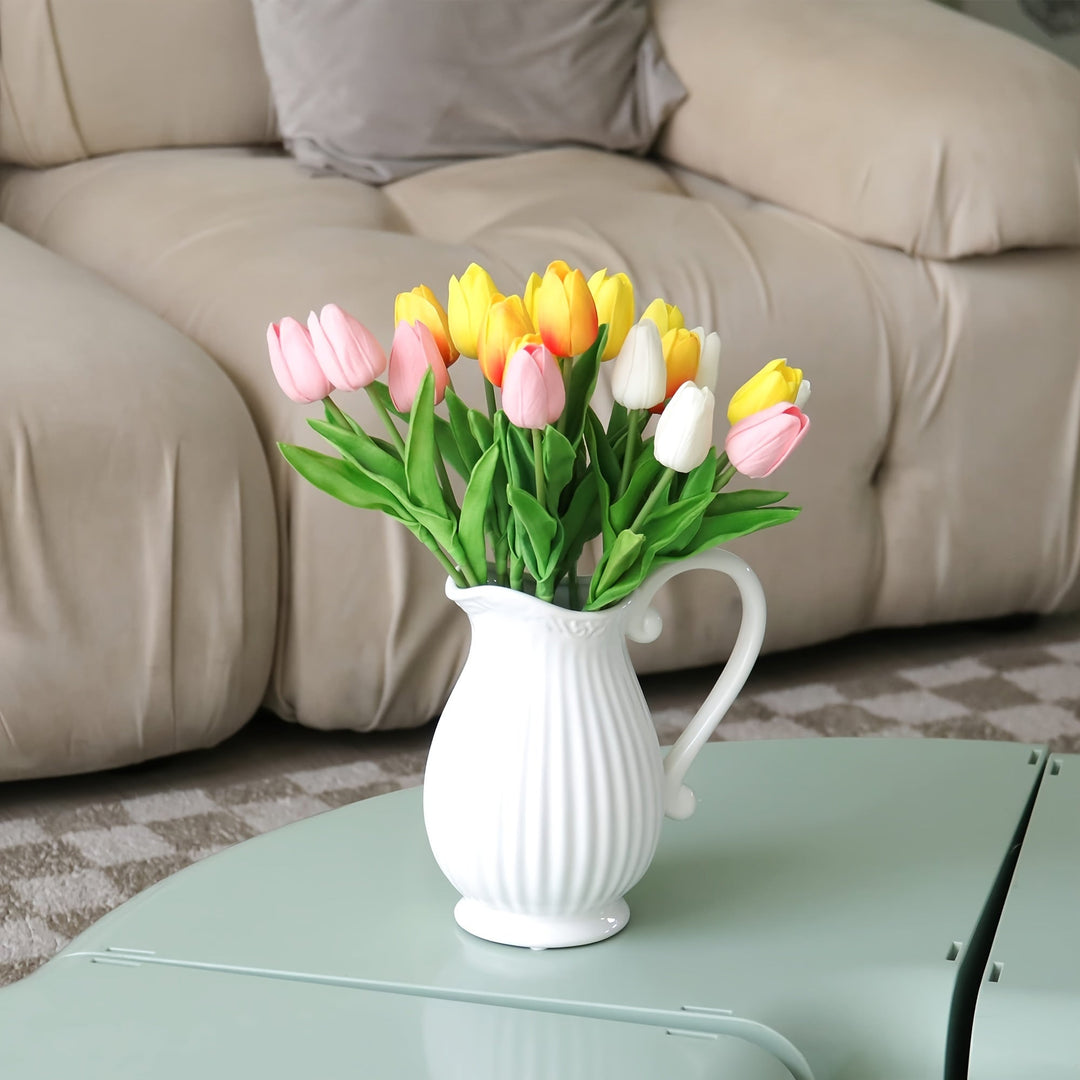 Mixed color realistic fake tulips (10 count) in a stylish vase, enhancing any room's decor.