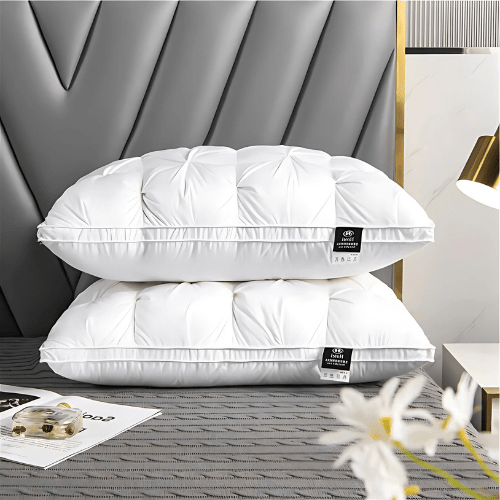Soft adult goose down pillow, offering breathable neck & head support for comfortable, restful sleep.