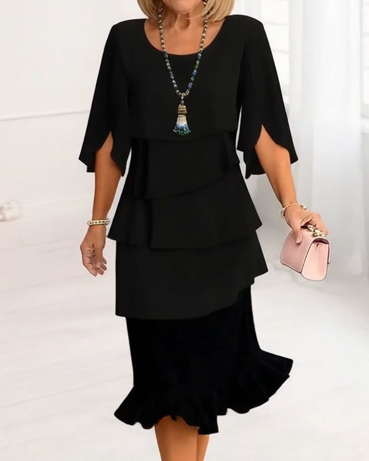 Elegant women's A-line midi dress with ruffles, perfect for spring/summer comfort and style.