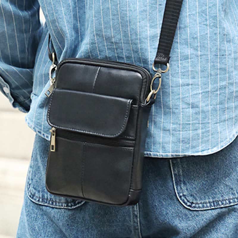 Compact men's travel shoulder bag. Organized daily carry for essentials, secure crossbody design.