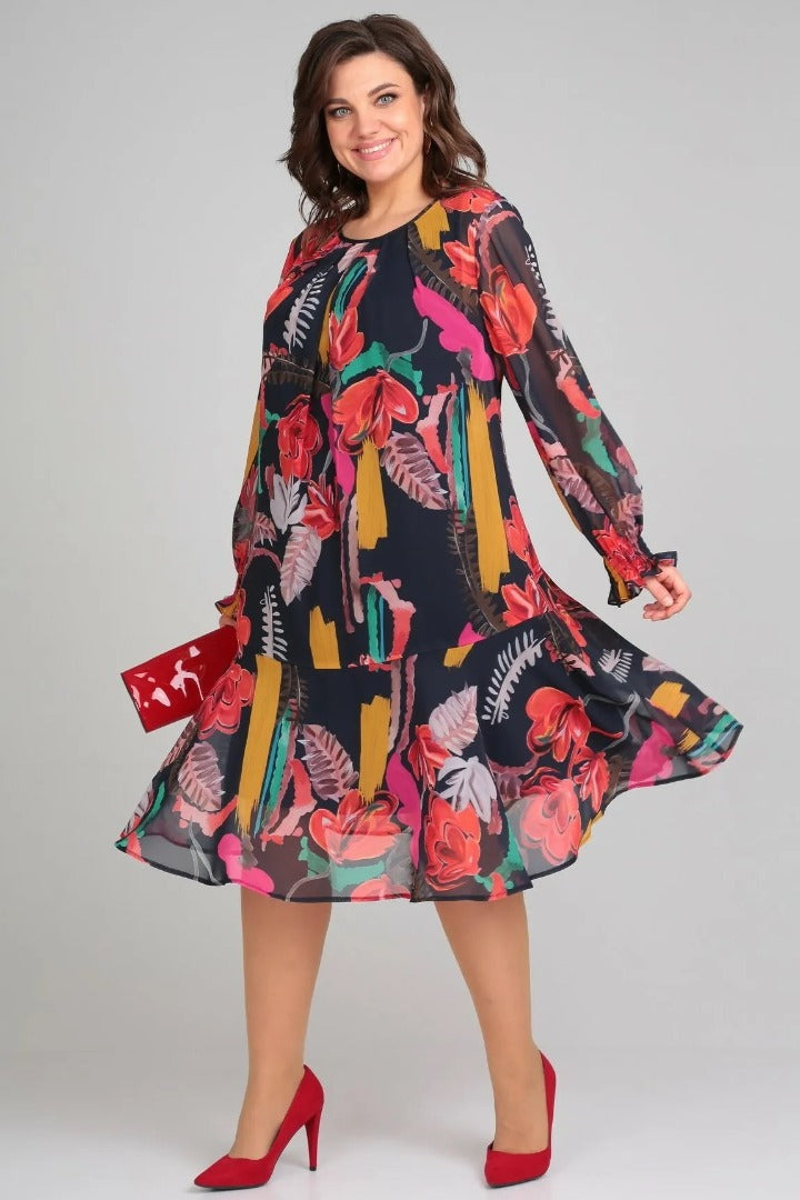 Stunning women's long sleeve midi dress with vibrant bold floral print. Ideal for parties & vacation.