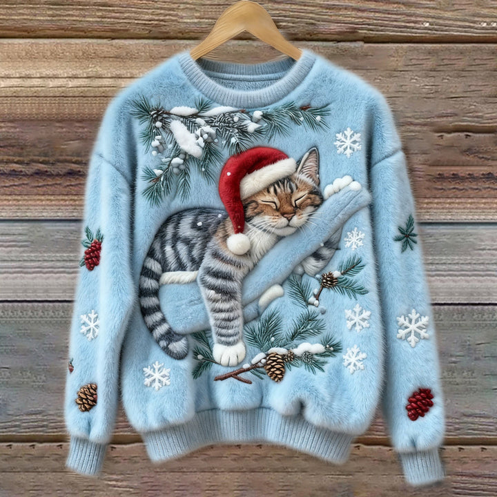 Cute cat print women's winter sweater with a cozy crew neck, great for festive casual wear and holiday style.