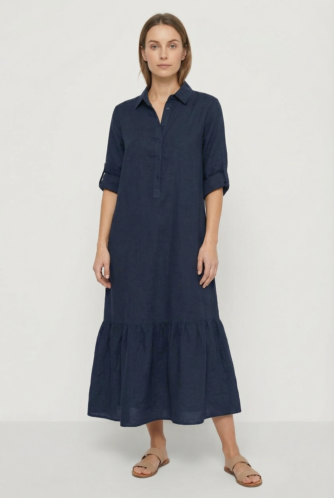 Versatile women's long sleeve tiered maxi dress. Button-front shirt style, perfect for casual elegant fashion.