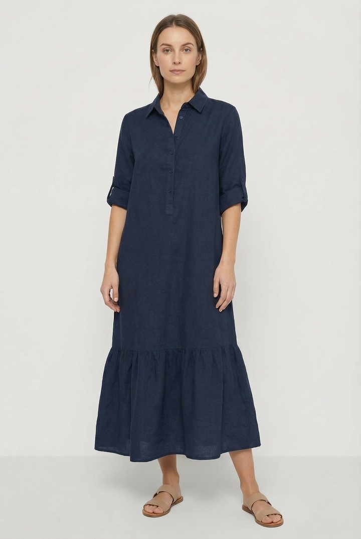 Versatile women's long sleeve tiered maxi dress. Button-front shirt style, perfect for casual elegant fashion.