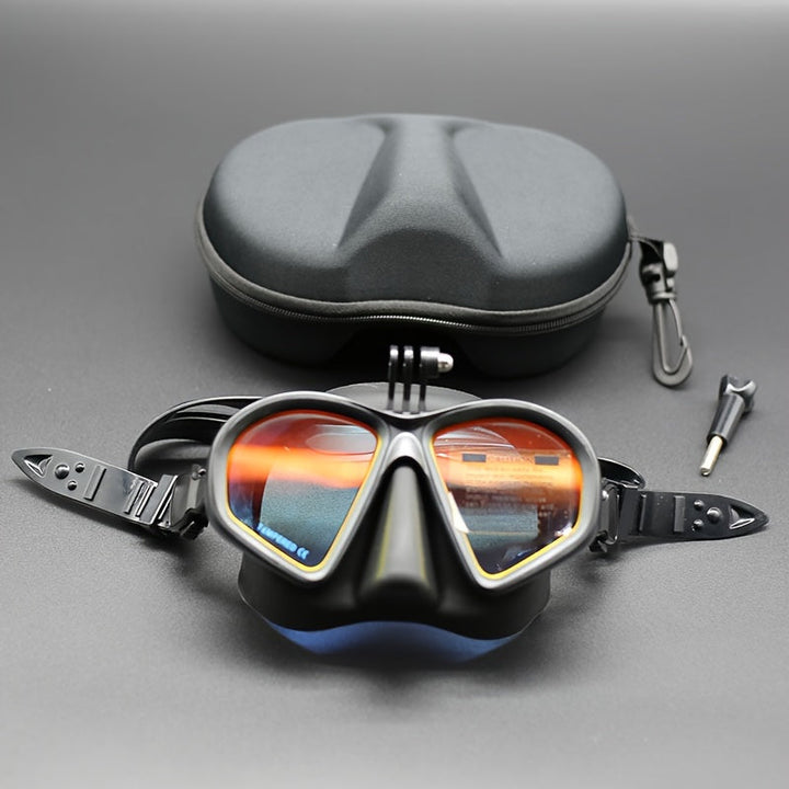 Heavy-duty tempered glass dive mask with anti-fog coating & camera mount for marine exploration.