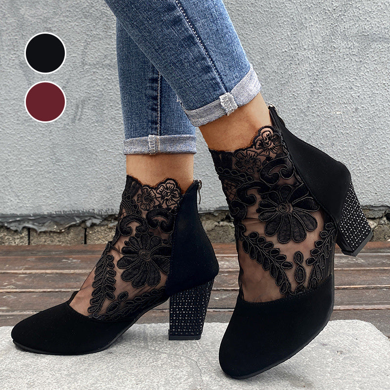Women's elegant black lace embroidered ankle boots with comfortable block heel, perfect for fall fashion.