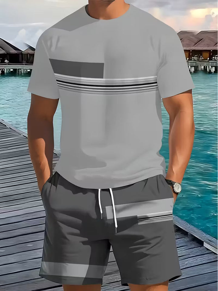Stylish men's summer outdoor set: breathable, lightweight t-shirt and shorts for casual beach or vacation wear.