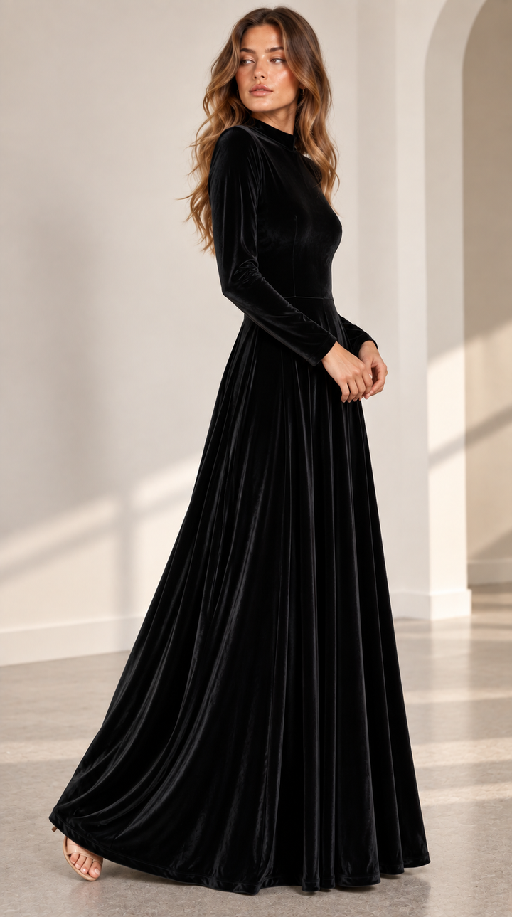 Versatile long-sleeve midi A-line dress, suitable as a wedding guest, cocktail, or formal evening dress.