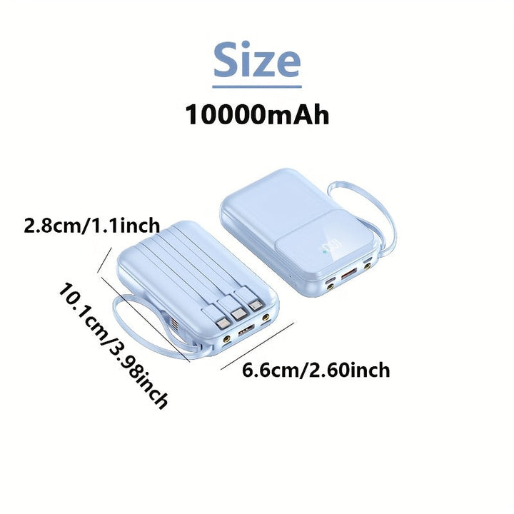 Universal 10000mAh portable charger with convenient fast built-in cables for effortless device power.