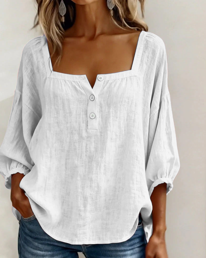 Everyday fashion women's top: relaxed fit, elegant square neck, puff sleeves.