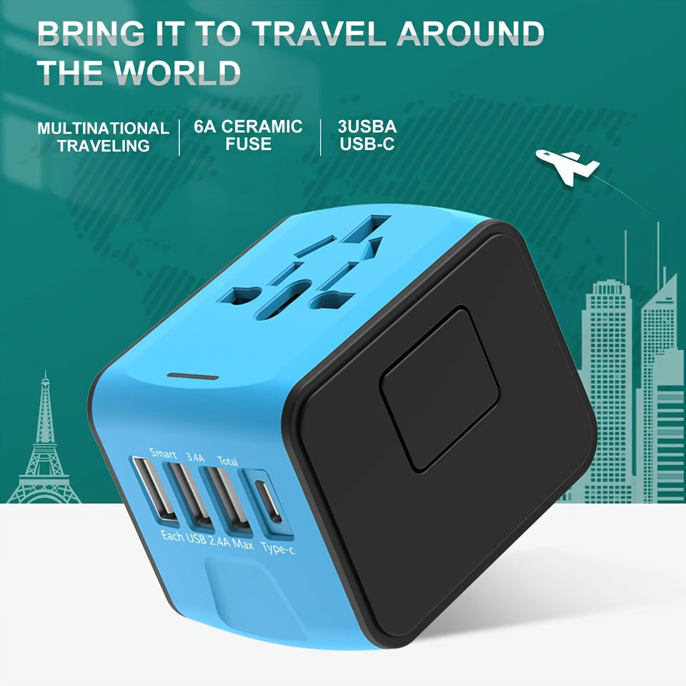 Fast global travel charger with 4 USB & Type-C ports. Worldwide adapter for multiple electronic devices.
