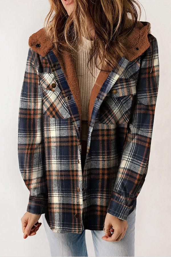 Women's warm plaid hooded jacket with buttons, perfect for casual fall & winter comfort.