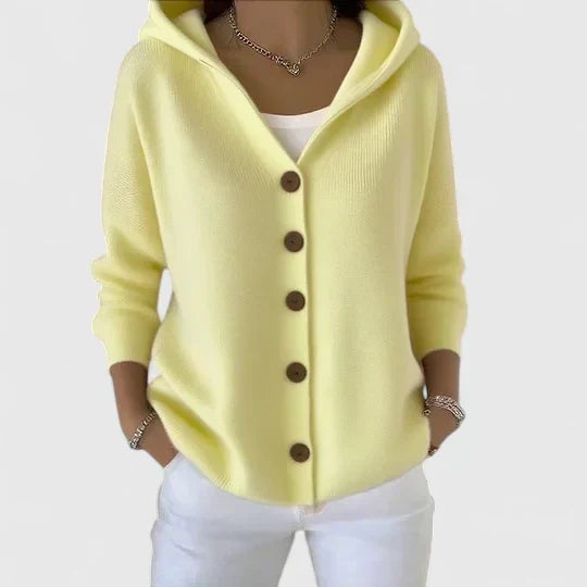 Versatile women's button-down cardigan with hood & long sleeves, ideal for comfortable everyday fashion.