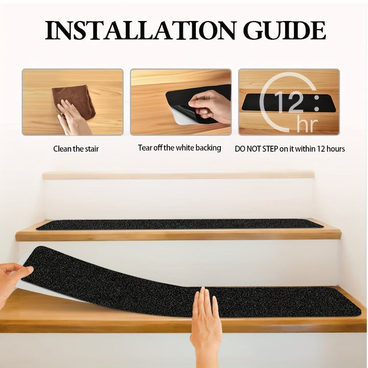 Textured rubber anti-slip strips for secure footing on stairs & driveways, easy to apply for added safety.