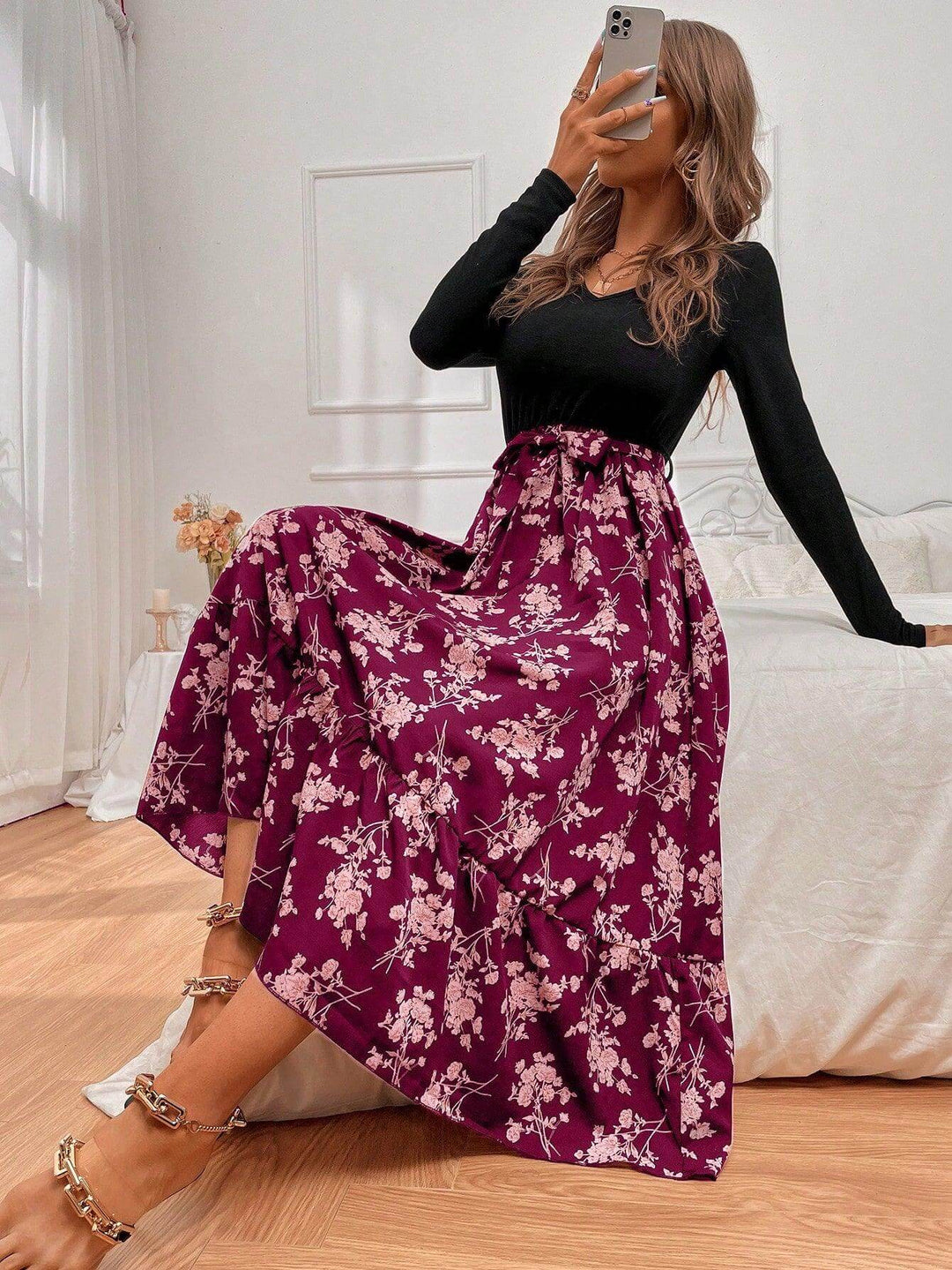 Women's Floral A-Line Long Sleeve Dress