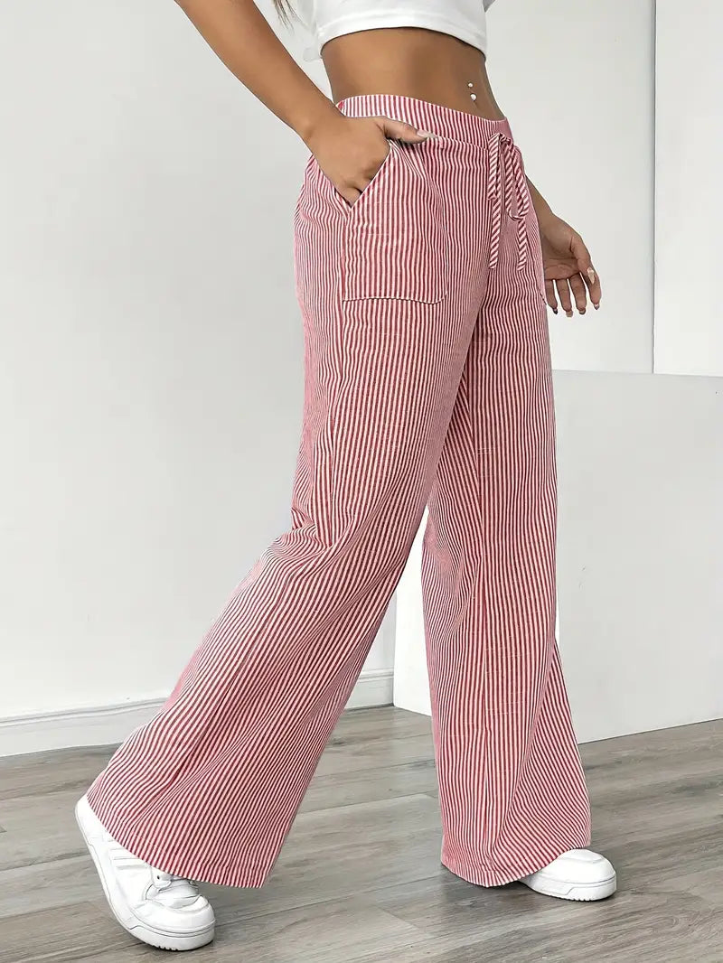 Casual yet stylish women's wide leg pants with stripes & drawstring.