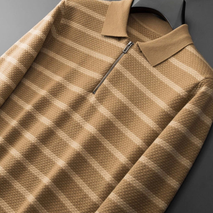 Stylish men's striped half-zip polo shirt. Perfect for versatile modern casual wear and everyday comfort.