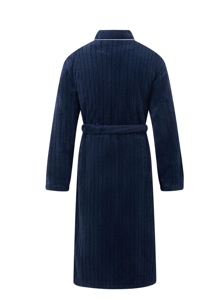 Close-up of a soft knitted fleece men's winter bathrobe, warm & cozy for loungewear.