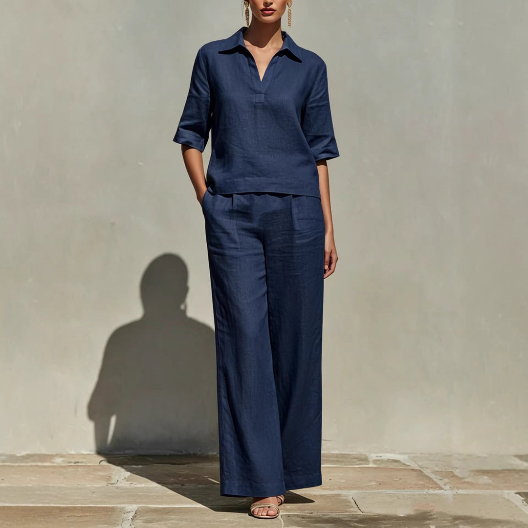 Women's two-piece collared top & wide-leg trousers set in a relaxed fit, perfect for casual summer wear.