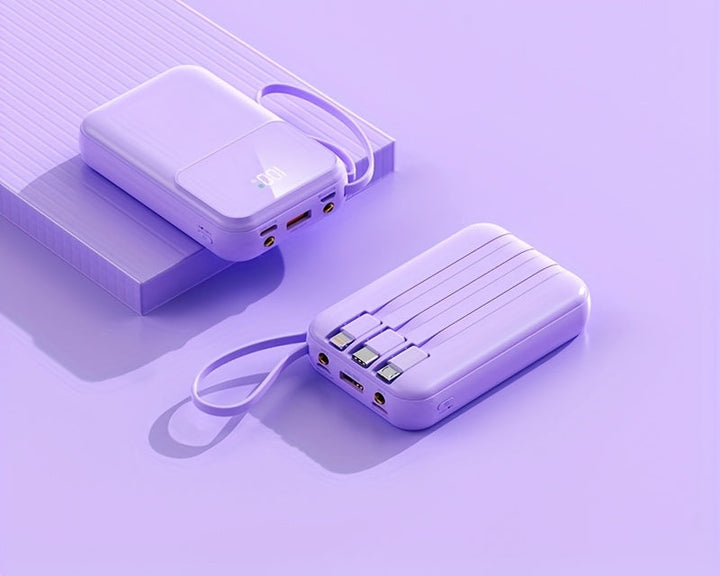 Fast charging 10000mAh power bank with built-in universal cables for smartphones, tablets & more.