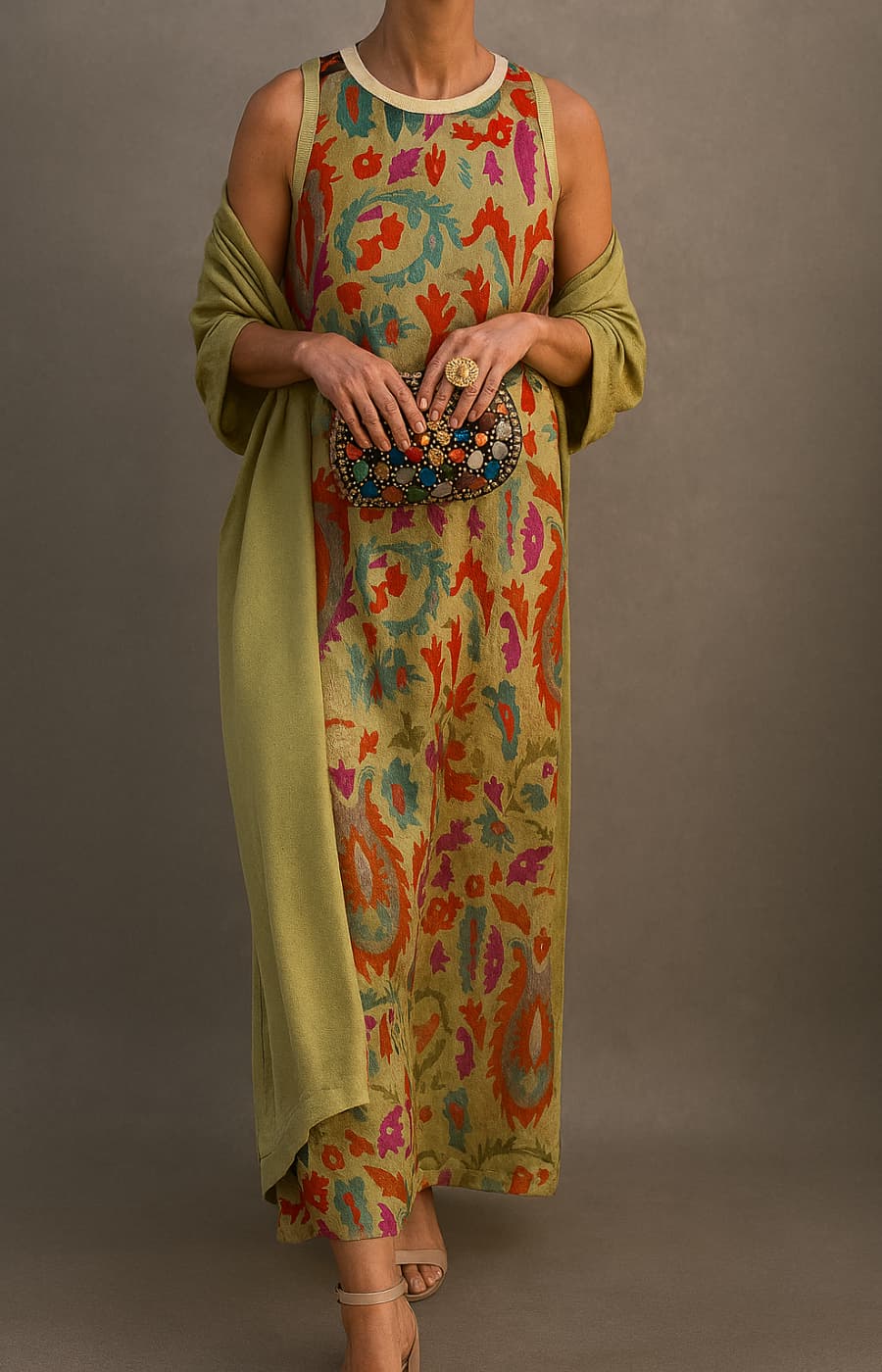Elegant women's two-piece maxi dress set with sleeveless printed dress & matching open front cardigan. Summer fashion.