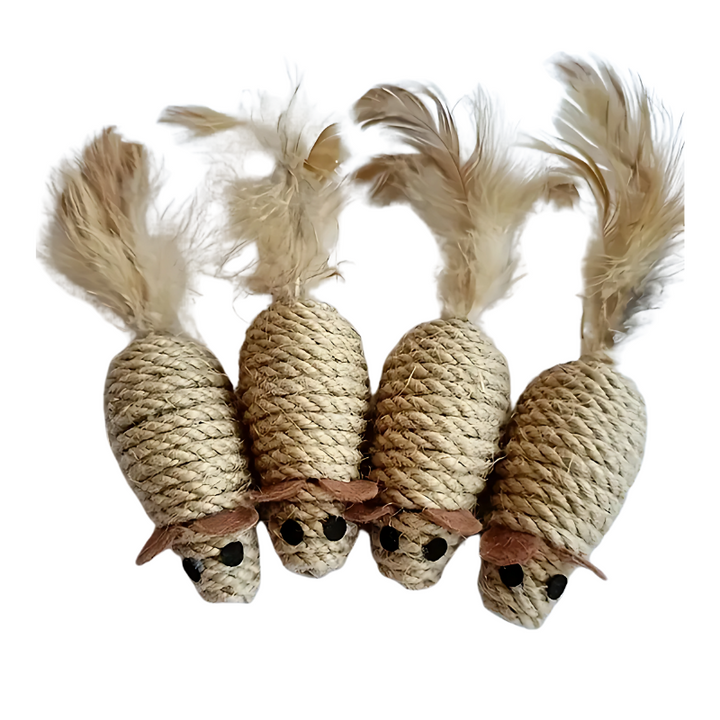 Set of interactive feather mouse cat toys with sisal, designed for stimulating natural hunting instincts in cats & kittens.