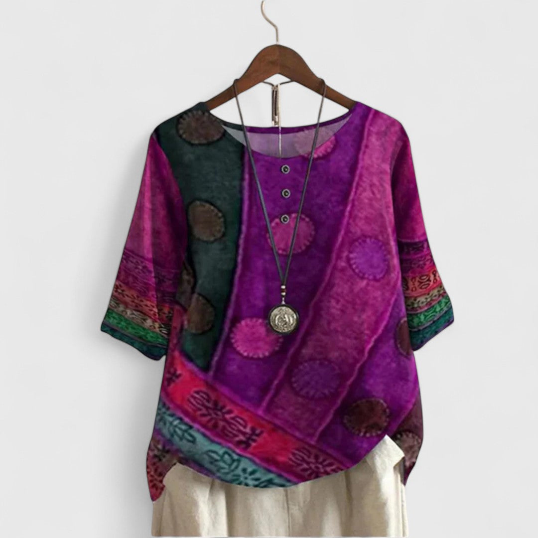Women's relaxed fit boho patchwork print top, an elegant and colorful choice for everyday casual wear.