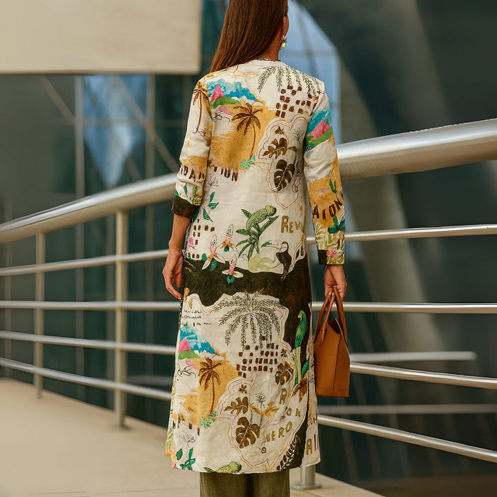 Women's elegant printed shirt from a two-piece set, featuring a unique chic pattern. Perfect for summer style.