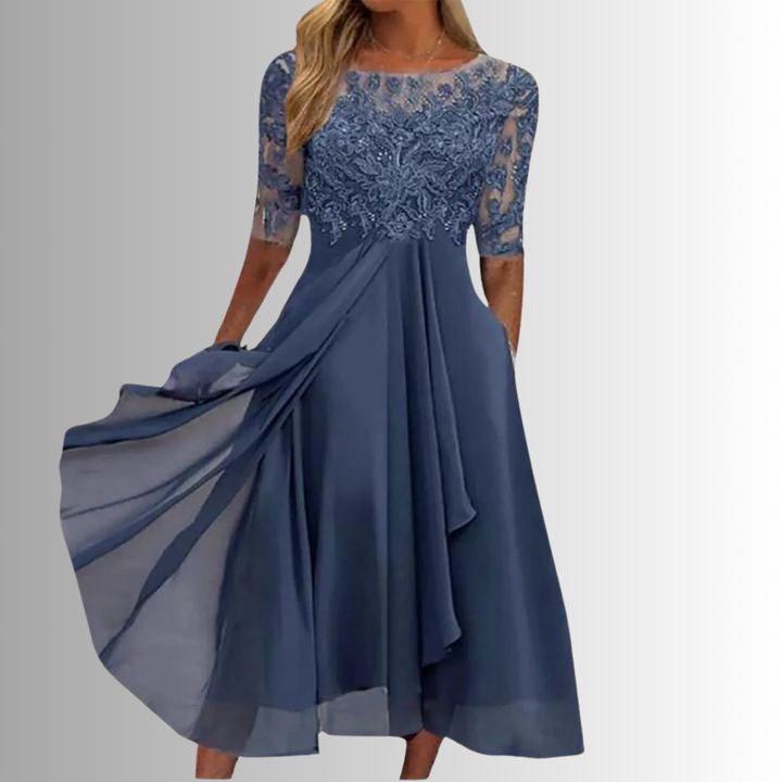 Elegant women's lace top midi dress with half sleeves, perfect for evening occasions. A-line silhouette.