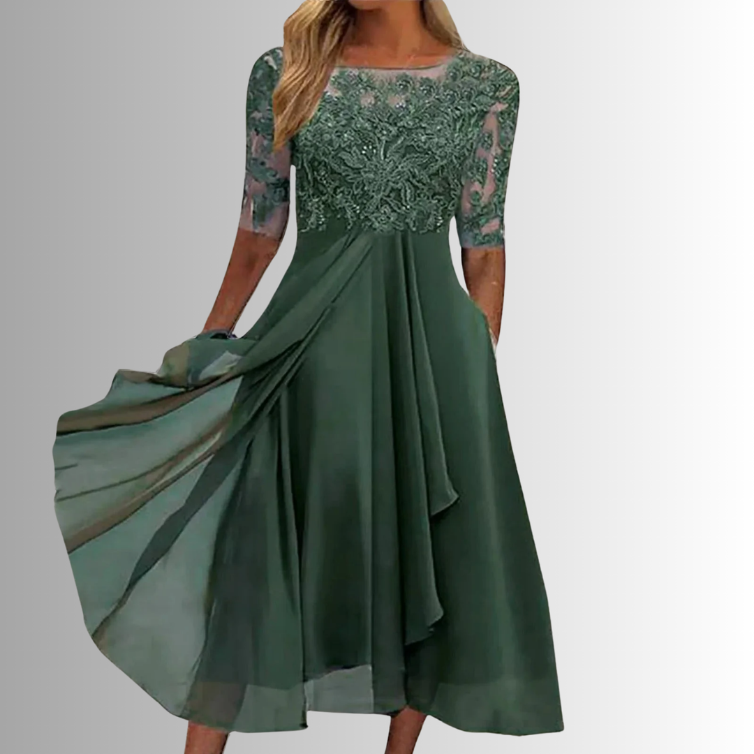 Versatile women's midi dress with a beautiful lace top & half sleeves, perfect for spring, summer, or occasionwear.