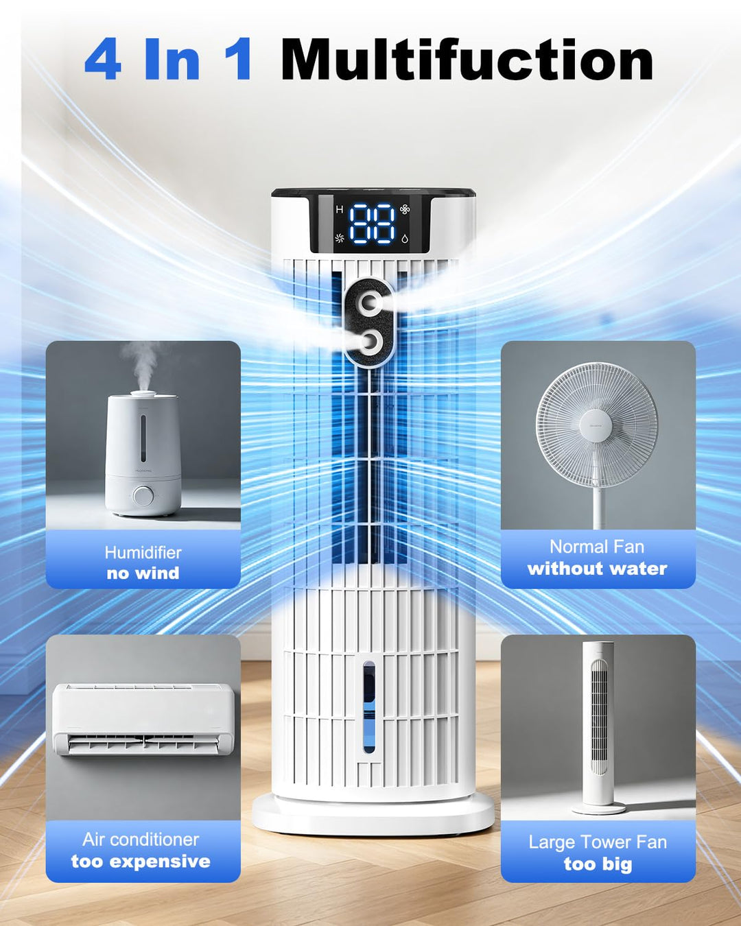 Compact portable evaporative air cooler with wheels, remote, and humidifier function for easy room-to-room cooling.