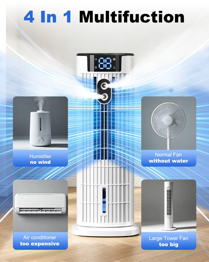 Compact portable evaporative air cooler with wheels, remote, and humidifier function for easy room-to-room cooling.