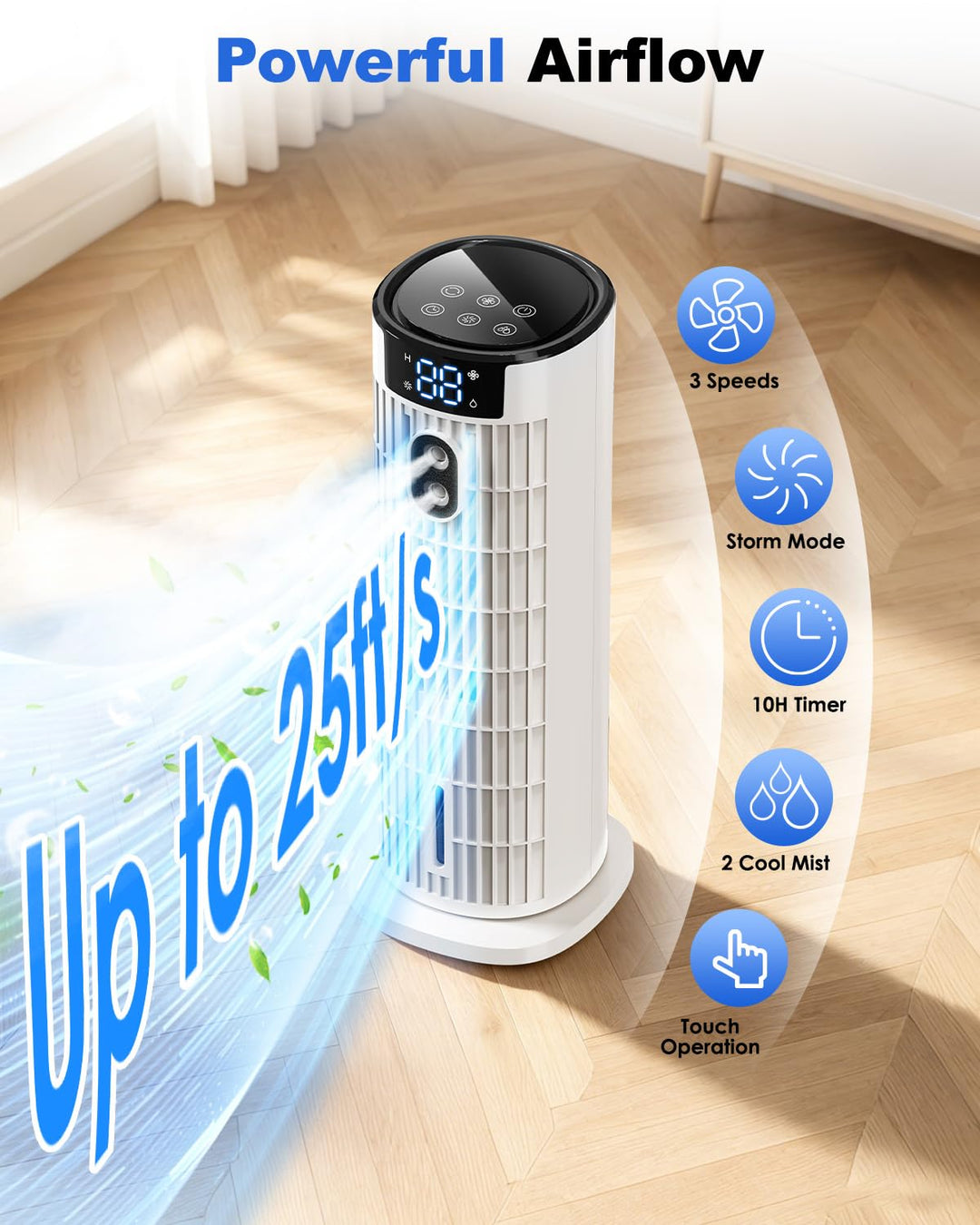 Sleek, modern portable air cooler with remote control, a personal cooling solution for any room.