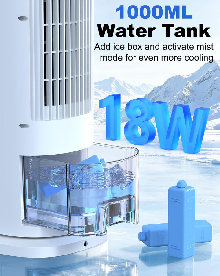 Remote control and easy-to-use panel of 4-in-1 portable air cooler with timer and mist function.