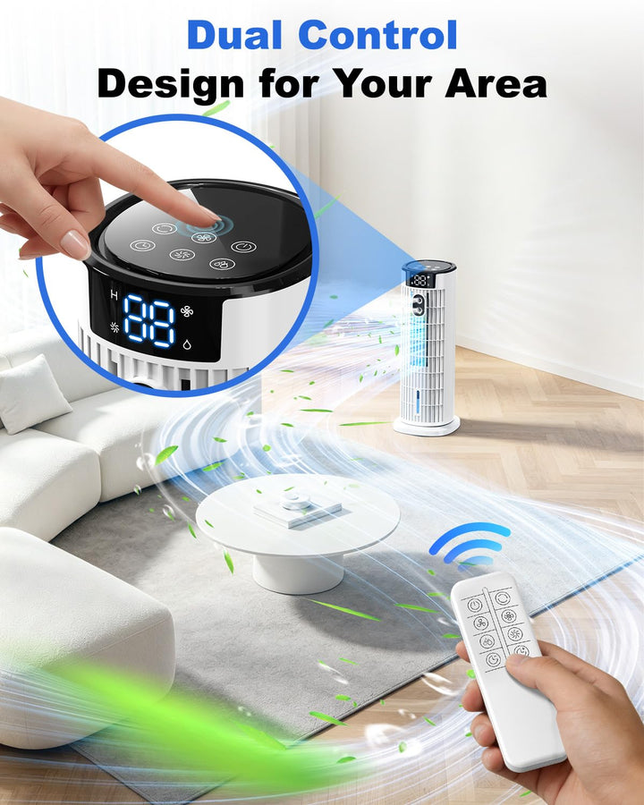 Portable evaporative air cooler providing refreshing mist and comfort in a modern living room setting.