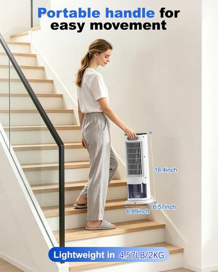 Rear view of 4-in-1 portable air cooler, highlighting its evaporative cooling system and personal comfort features.