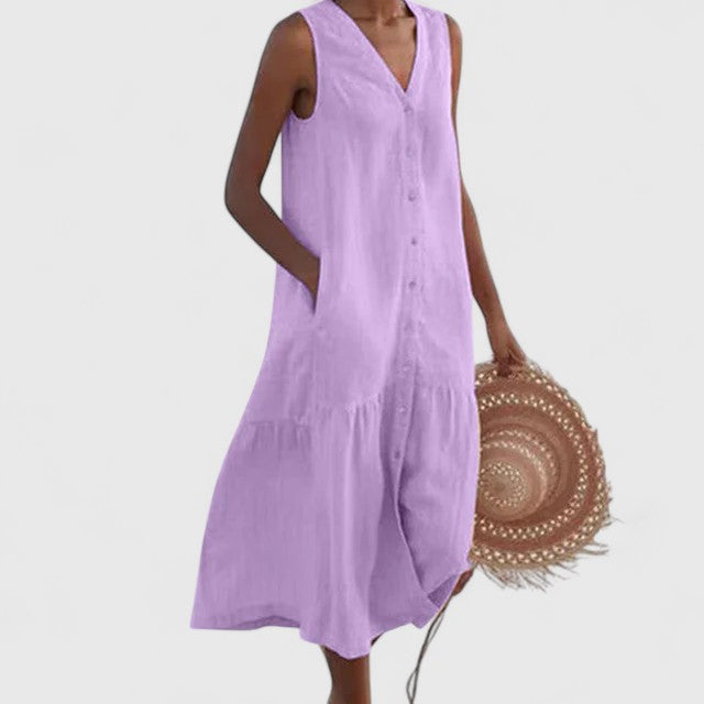 Elegant women's comfortable summer dress. Flowy midi length, perfect for stylish everyday & vacation looks.
